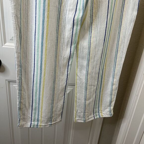 For Cynthia Striped White Teal Pull On Pants Linen Blend Womens Size PM Petite M - Picture 6 of 8